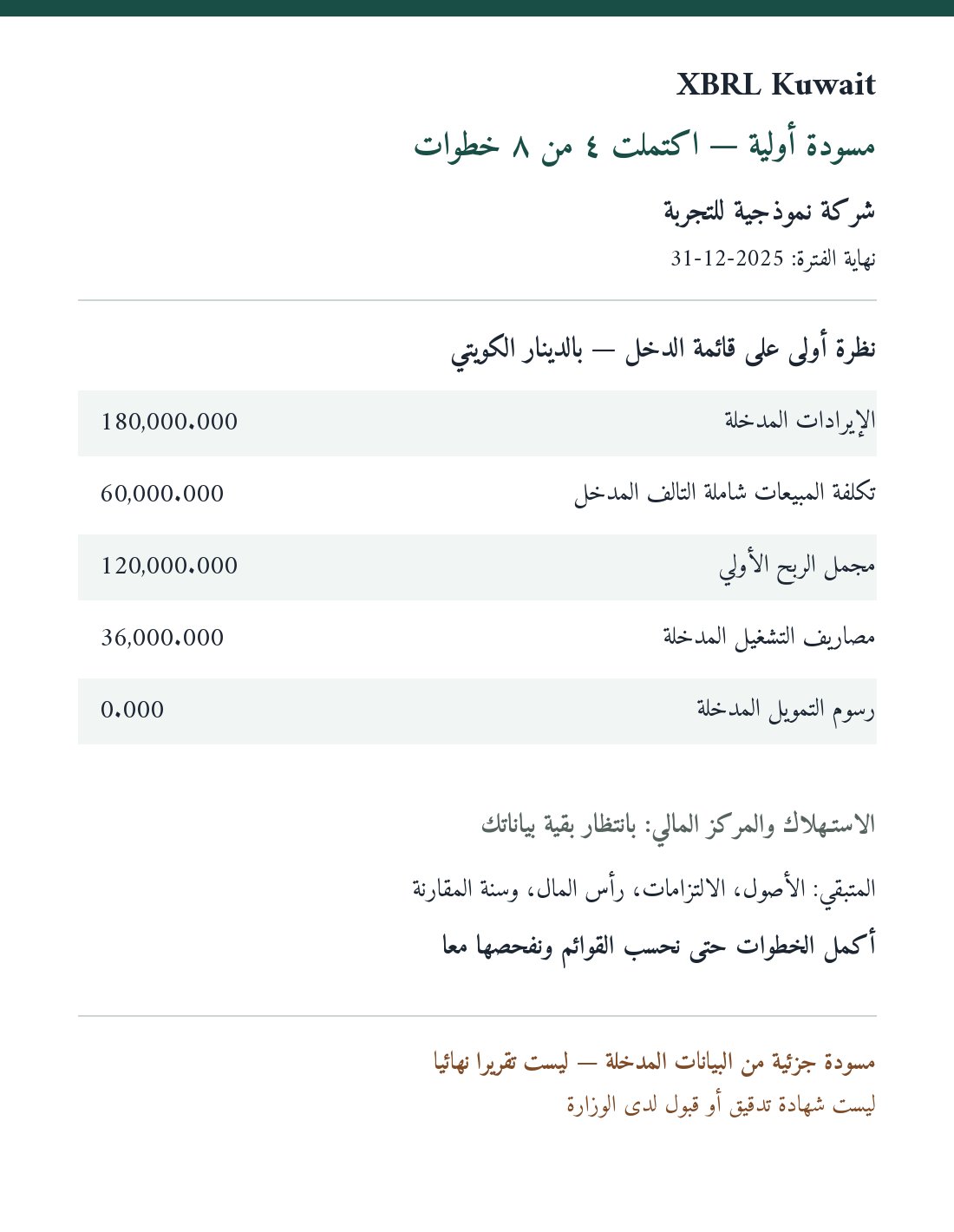 Arabic example of a partial income statement using synthetic figures
